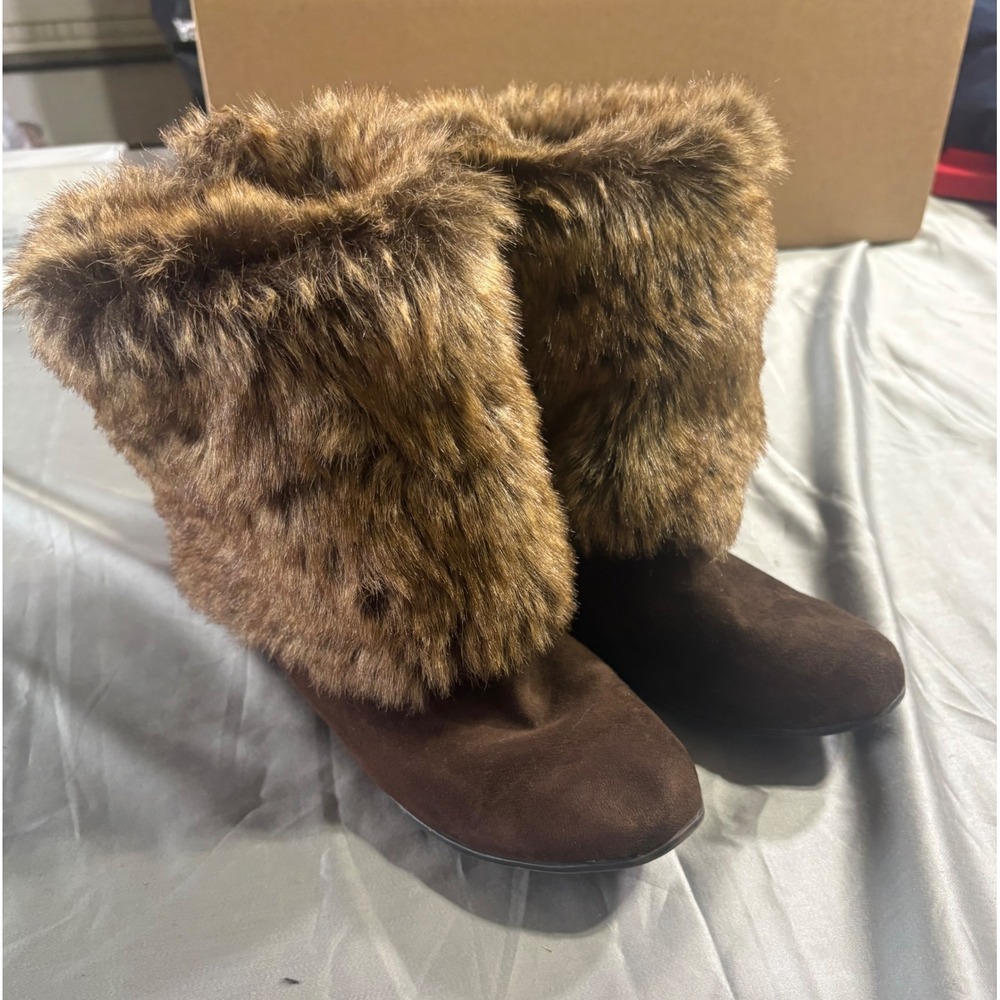 Marley Womens Brown Faux Suede Fur Trim Tall Winter Boots Size 9
